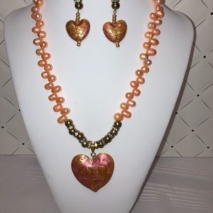Necklace and earrings set; pearls and metal